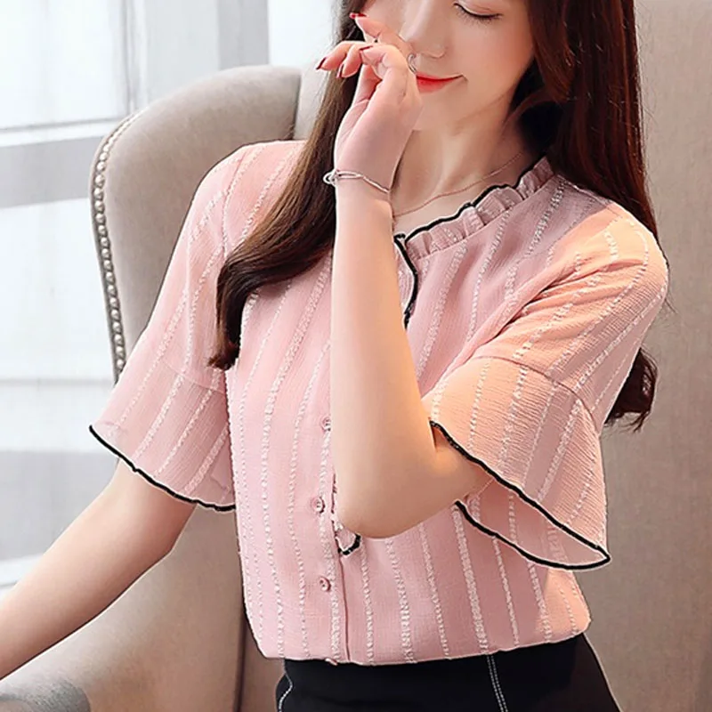 

Blusas Mujer De Moda 2021 Plus Size Women's Tops And Blouses Short Sleeve Chiffon Blouse Ladies Tops Flare Sleeve Shirts 3393 50