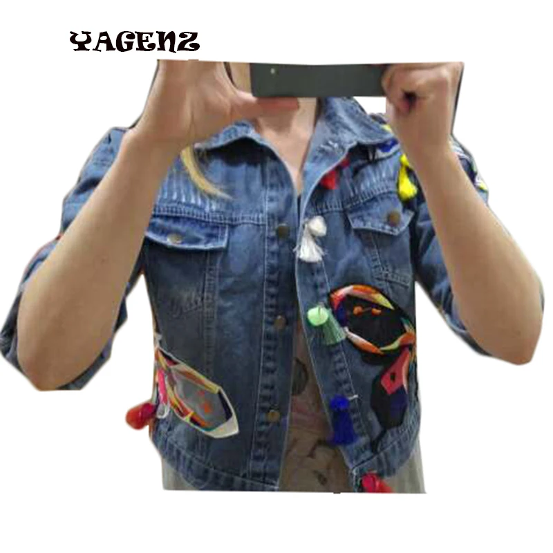 Женская Повседневная джинсовая куртка винтажная Базовая размера плюс с вышивкой