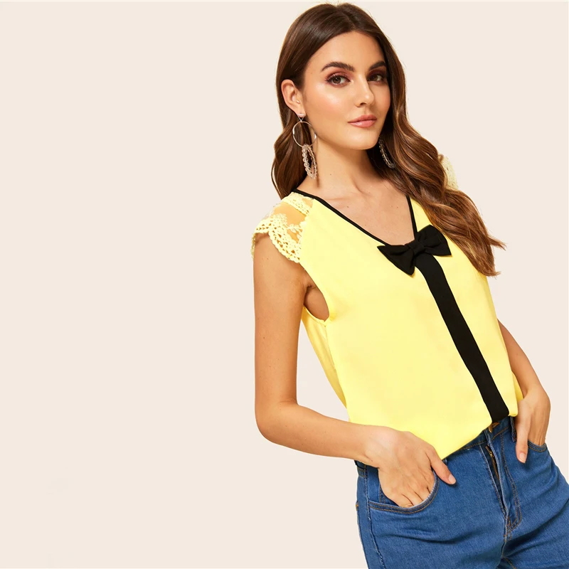 SHEIN элегантный гипюровый кружевной топ с контрастным бантом спереди и v-образным вырезом, блузка без рукавов, женские летние офисные милые топы и блузки