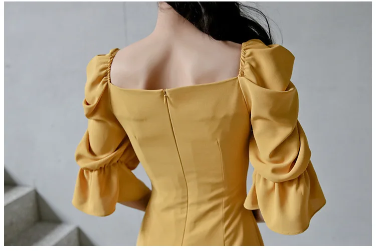 Foamlina элегантный Для женщин с квадратным вырезом Ruched с расклешенными рукавами летнее платье Элегантная дама пуговицы носить на работу офис вечерние платье карандаша