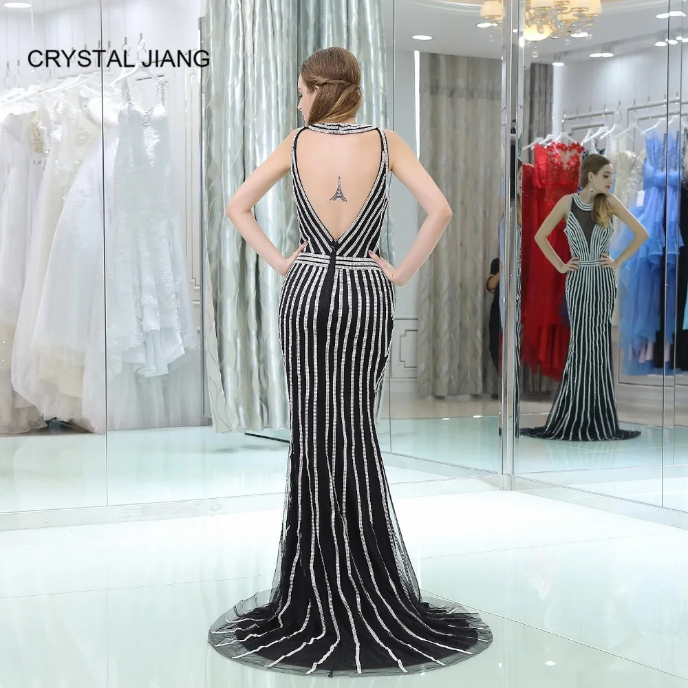 

CRYSTAL JIANG New Arrival Robe de soiree longue 2018 Scoop Collar Black Silver Sequins V Back Formal Long Evening Dresses Long