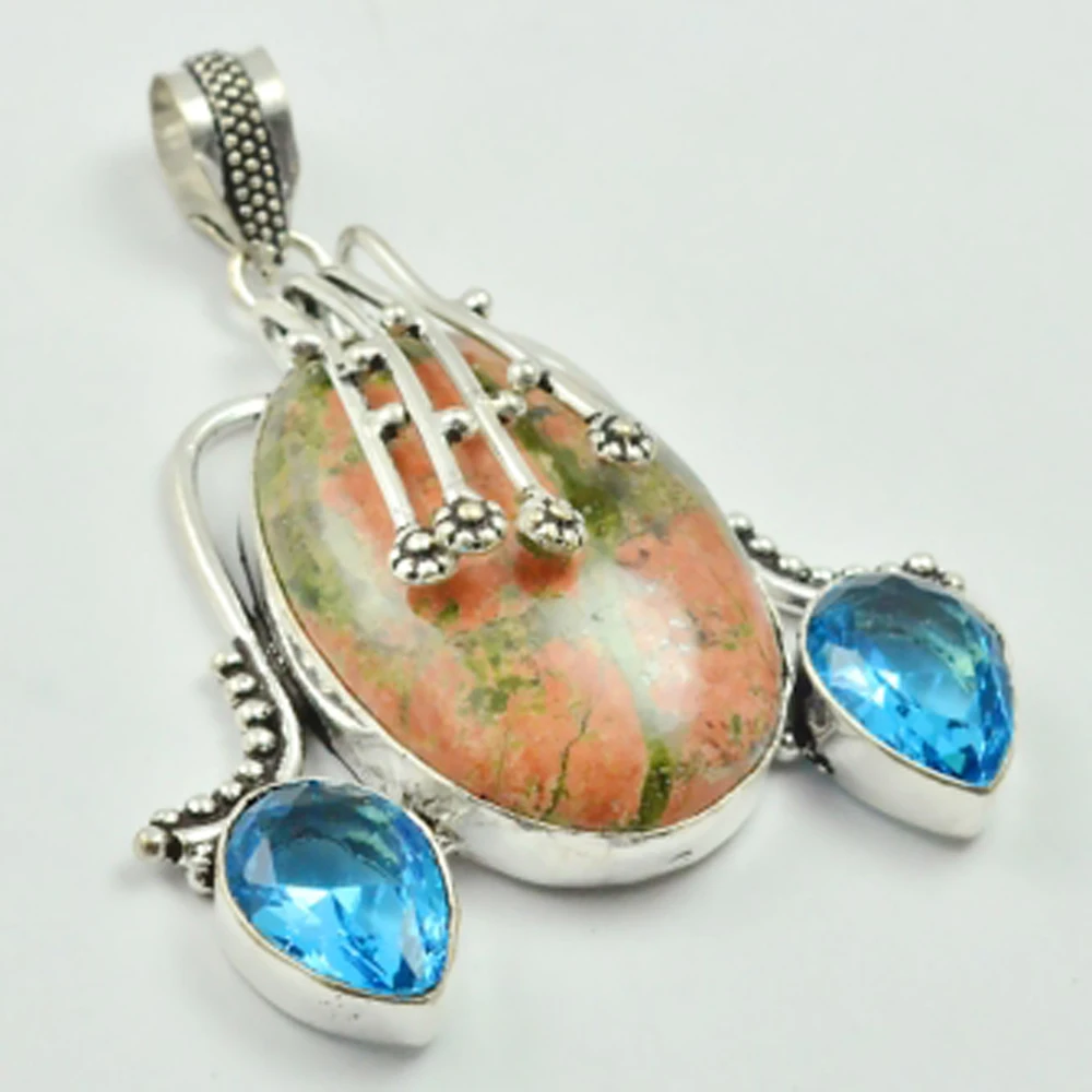 

Unakite & Blue Topas Pendant Silver Overlay over Copper, 60mm , P3633