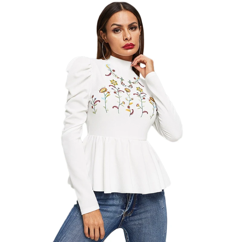 Dotfashion/Женские топы и блузки с вышитыми белыми цветами и рюшами, осенняя одежда, Повседневный пуловер с длинным рукавом, модная рубашка
