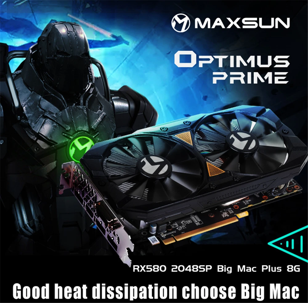 Видеокарта MAXSUN видеокарты rx 580 2048SP Big Mac 8G GDDR5 256bit AMD 7000MHz 1168 MHz-1284 MHz HDMI+ DP* 3+ DVI RX580