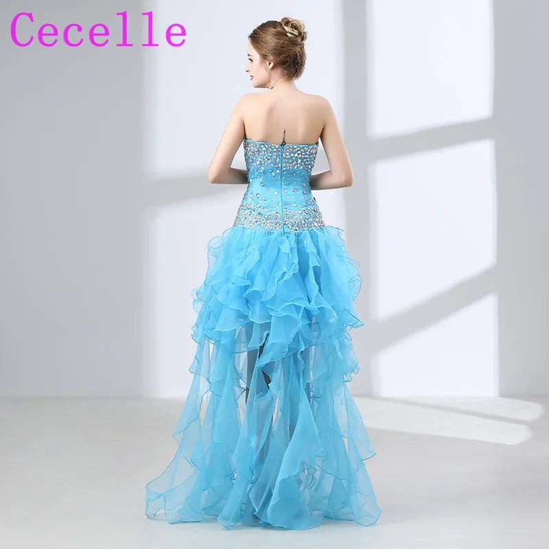Blue High Low Short Cocktail Dresses 2019 Sweetheart Ruffles Organza Skirt Teens Informal Prom Gowns Custom Made Real | Свадьбы и