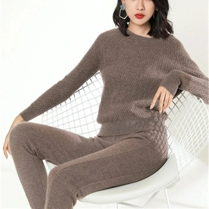 

100%goat cashmere twill thick knit women sweatshirts suits Oneck pullover ankle length pants 2pcs/set EUsize M/L/XL