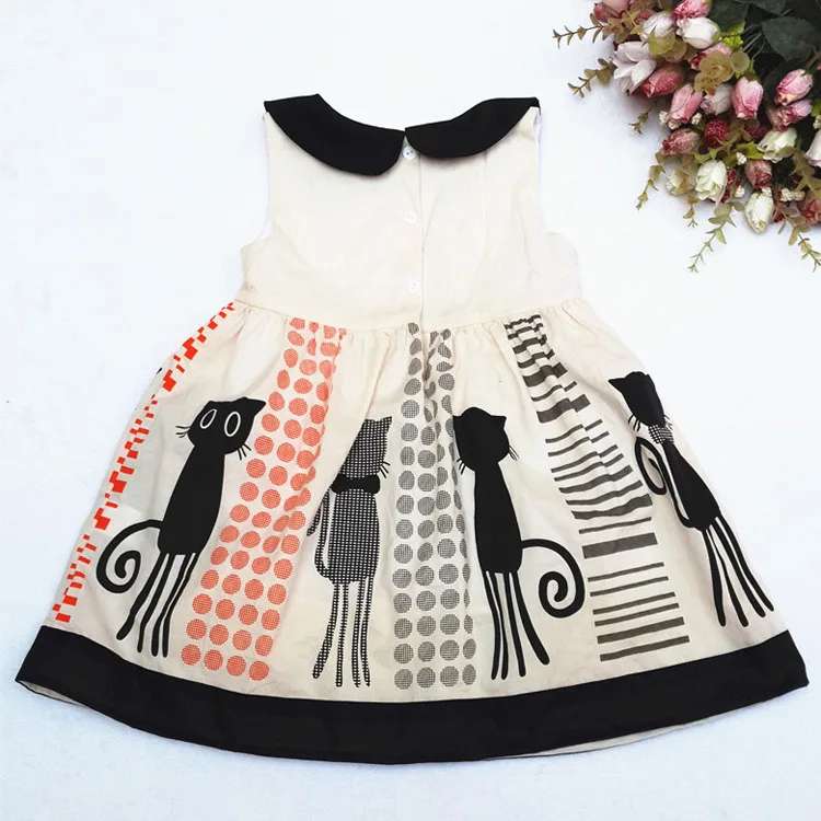 Baby Girls Kleding Cute Casual Sleeveless Color Cat Cartoon Print Dress Peter Pan Collar Kids Clothes | Детская одежда и обувь