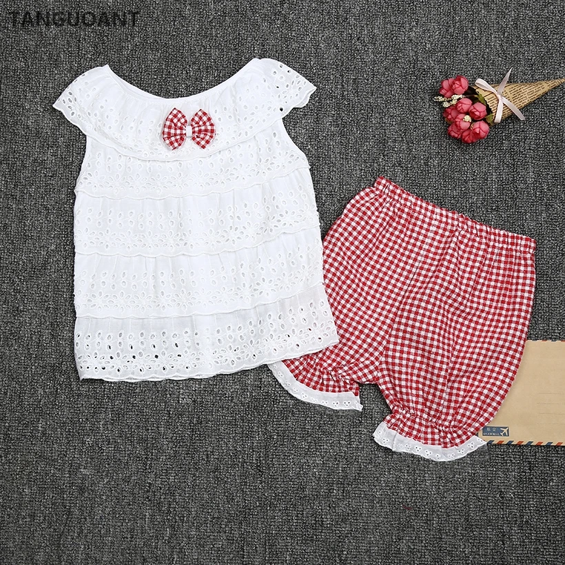 Костюм детский летний кружевной из футболки и шортов в клетку 2 цвета|children girls clothes