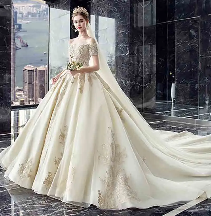 Custom Deluxe Champagne Evening Formal Dress Red Carpet Bridal Wedding Party Trailing Dress Ball Gown For Lady Plus Size 5XL