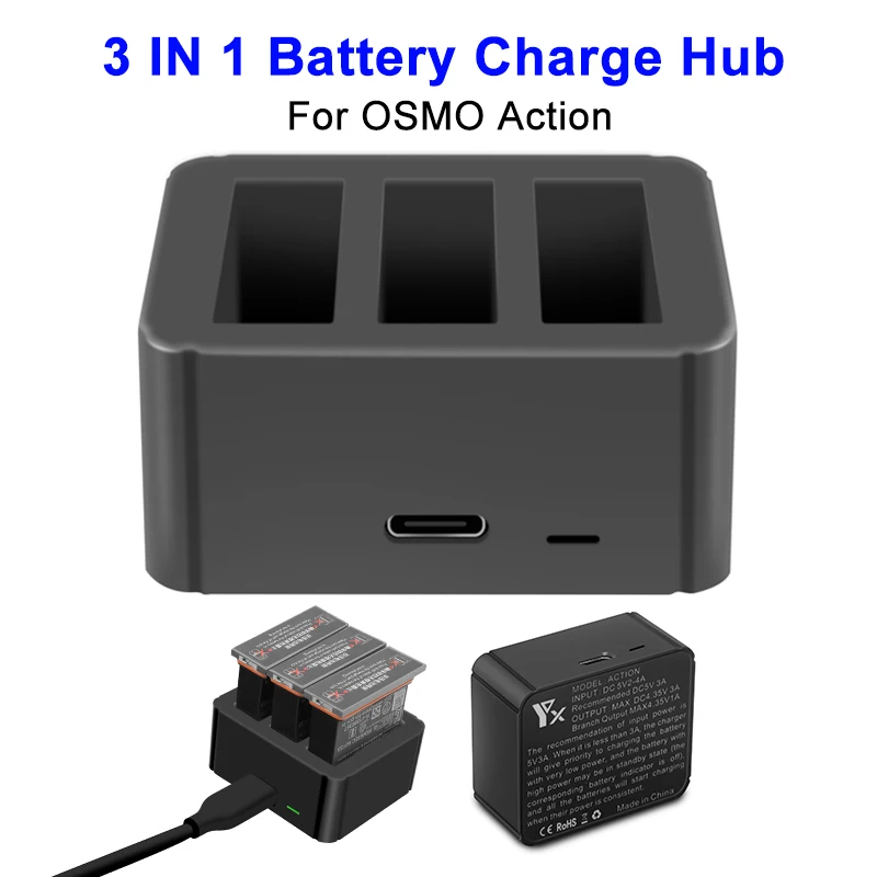 

3 in 1 OSMO ACTION Battery Charger Hub TYPE-C Input 4.35V Lithium Charging Kit for DJI OSMO ACTION Accessories Battery