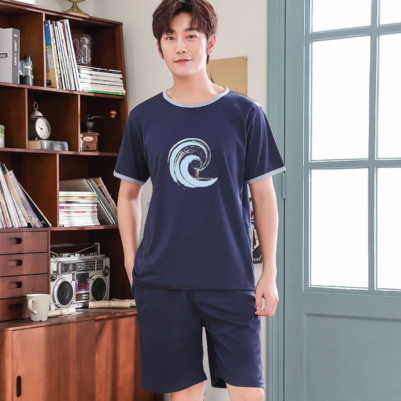 Летний мужской пижамный комплект королевский синий 100% хлопок рубашка для сна и