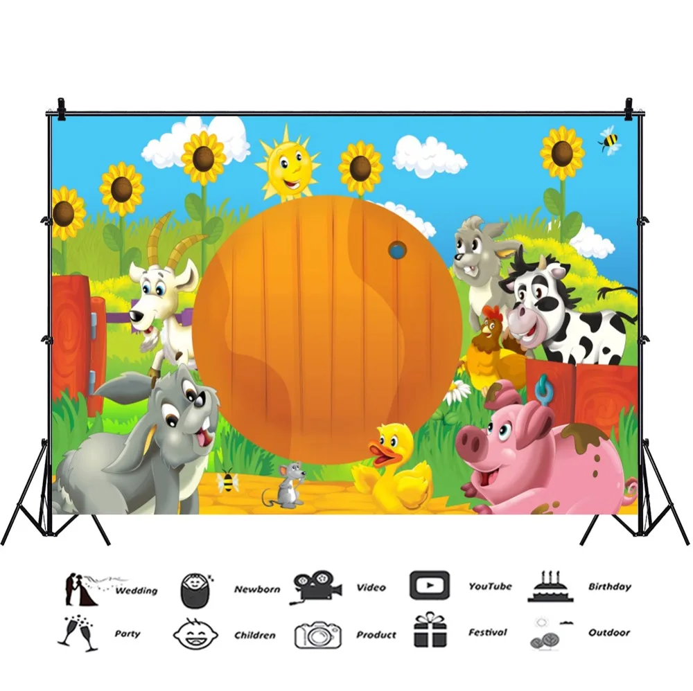 Laeacco Baby Cartoon Happy Birthday Party Farm Grass Animals Banner Photographic Backdrops Photography Backgrounds Photo Studio |