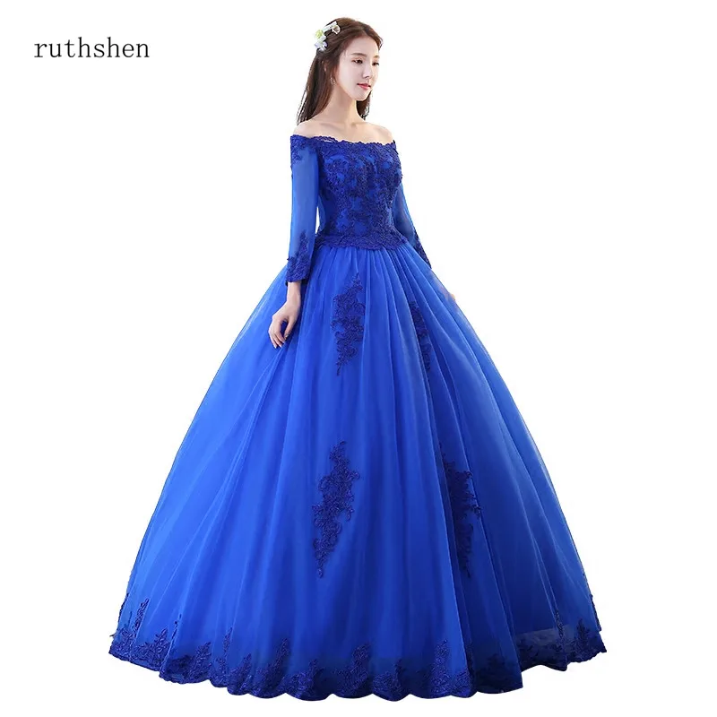 Ruthshen Quinceanera платья королевский синий Маскарад Vestido Винтаж с открытыми плечами бальное платье Пышное платье для выпускного
