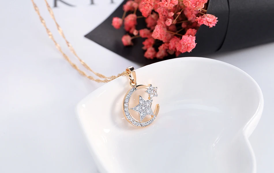 LADYCHIC Симпатичные Луна Звезда кристалл кулон Цепочки и ожерелья Мода золото Цвет Cublic циркония Цепочки и ожерелья s Для женщин вечерние украшения подарок LN1047