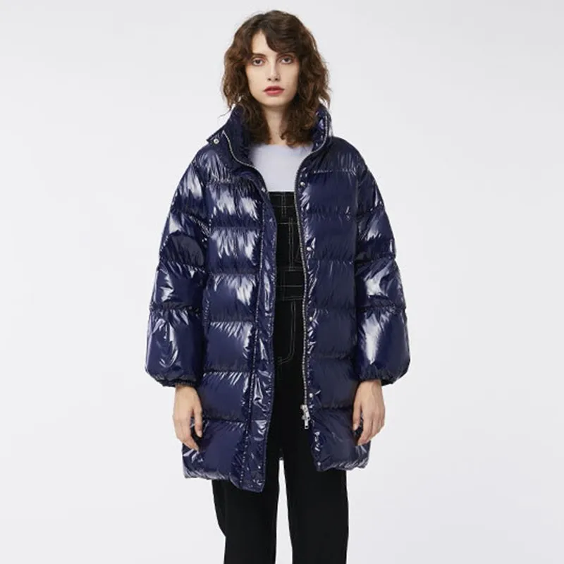 Purple Loose Down Jacket Fashion Thin Thick Winter Feather Jacket Coat Women Long Section Collar Casual Warm Overcoat Female 260 - Цвет: blue