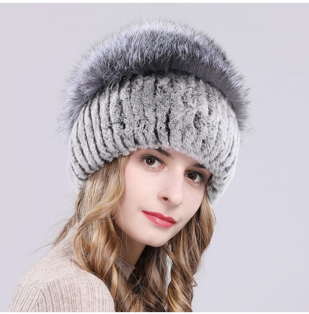 Outdoor Women Warm Soft Genuine Rex Rabbit Fur Hat Knitted Natural Real Sliver Fox Fur Caps Winter Real Rabbit Fur Beanies Hats