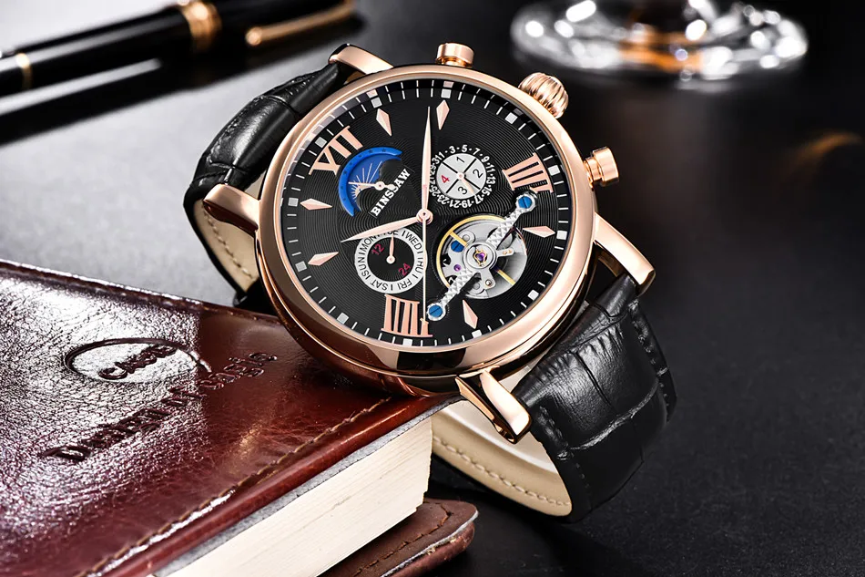 BINSSAW механические часы для мужчин Спорт Tourbillon Автоматический Топ люксовый бренд Relojes Hombre кожа Moon Phase часы relogio