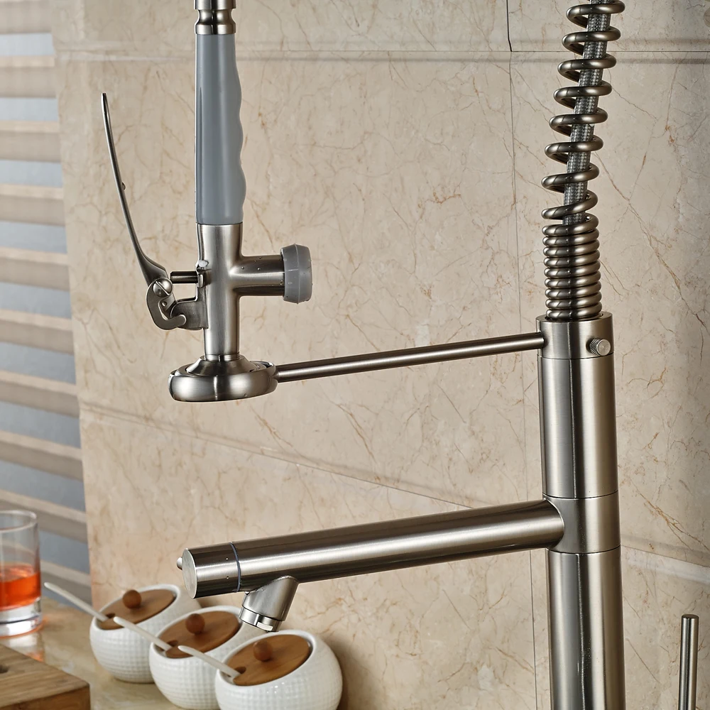 Solid Brass Tall Swivel Dual Spouts Spring Kitchen Faucet Mixer Tap Brush Nickle Deck Mounted | Обустройство дома