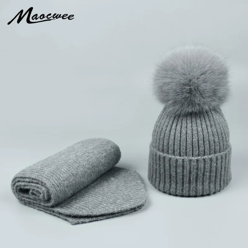 

Autumn Winter Parent-child Hat Scarf Set Nature Fox Fur Pompom Beanies Hats For Women Men Unisex Warm Wool Knitting Caps Bones