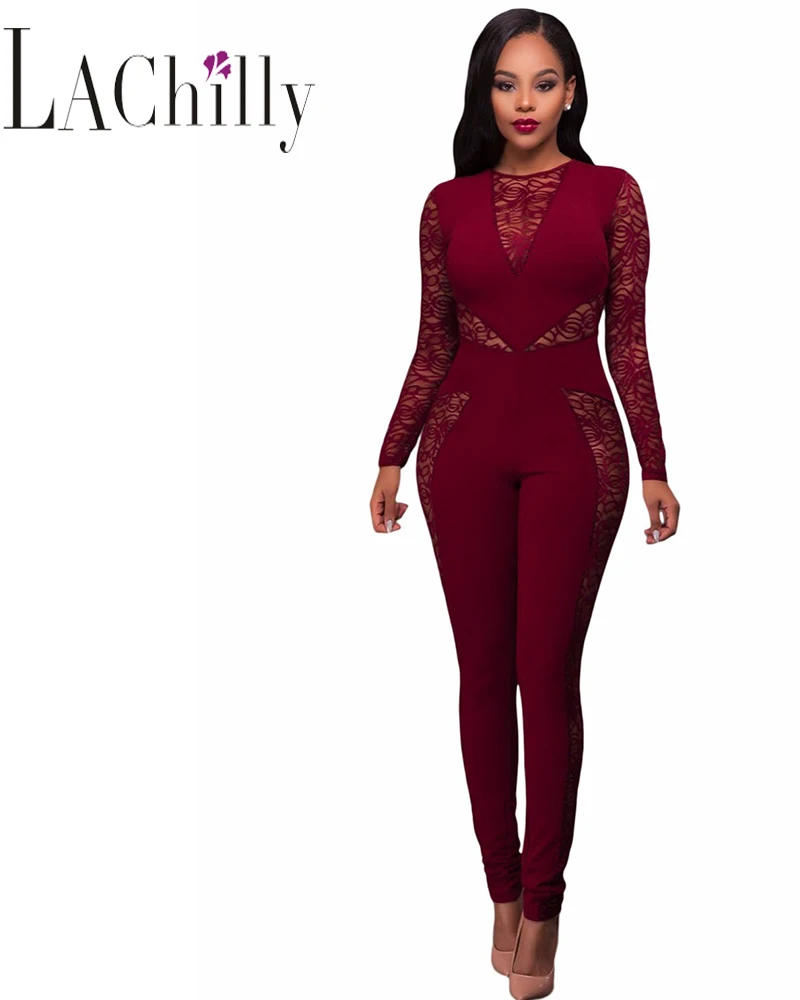 Мода 2017 Осень Зима Bodycon Комбинезоны Женщин Комбинезон Purlish Красный Кружева Специй