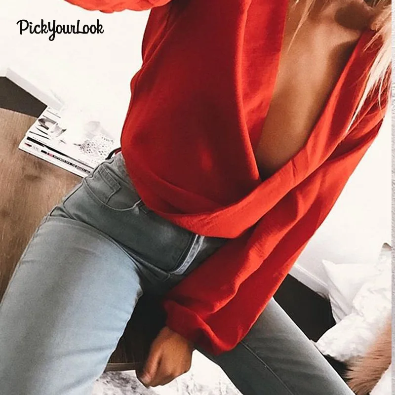 Красный Pickyourlook/Женские топы и блузки, сексуальная женская рубашка с глубоким v-образным вырезом, с длинным рукавом, с открытой спиной, с поясом, женские блузки, Femme Camicette - Цвет: Красный