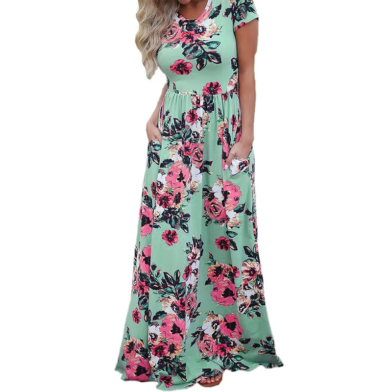 Женское длинное платье макси с цветочным принтом Пляжное коротким рукавом
