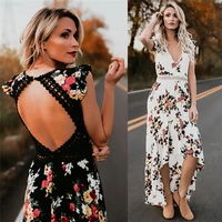 2019 new women sexy backless maxi dresses summer elegant ladies floral printed v neck ruffles long dress white black vestidos