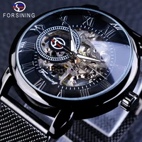forsining retro fashion black skeleton sport clock mechanical watch luminous hands mesh bracelet for men top brand luxury watch
