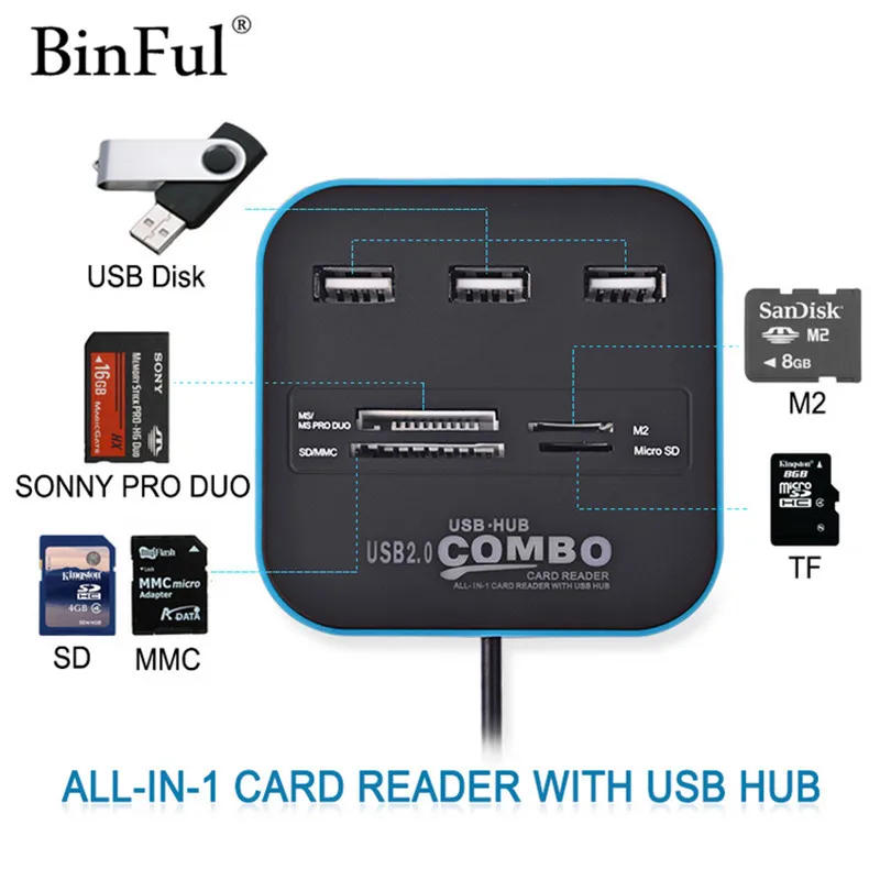 Binful Многофункциональный USB HUB 2.0 3 Порты+ card reader высокое Скорость концентратор USB Все в одном USB сплиттер для SD/MMC/m2/MS Pro Duo