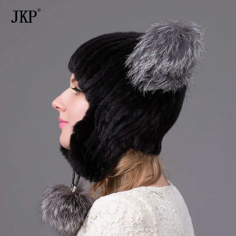 

Women's genuine natural mink fur hat with pom winter beautiful cat ear style cap 2020 latest new hats for women