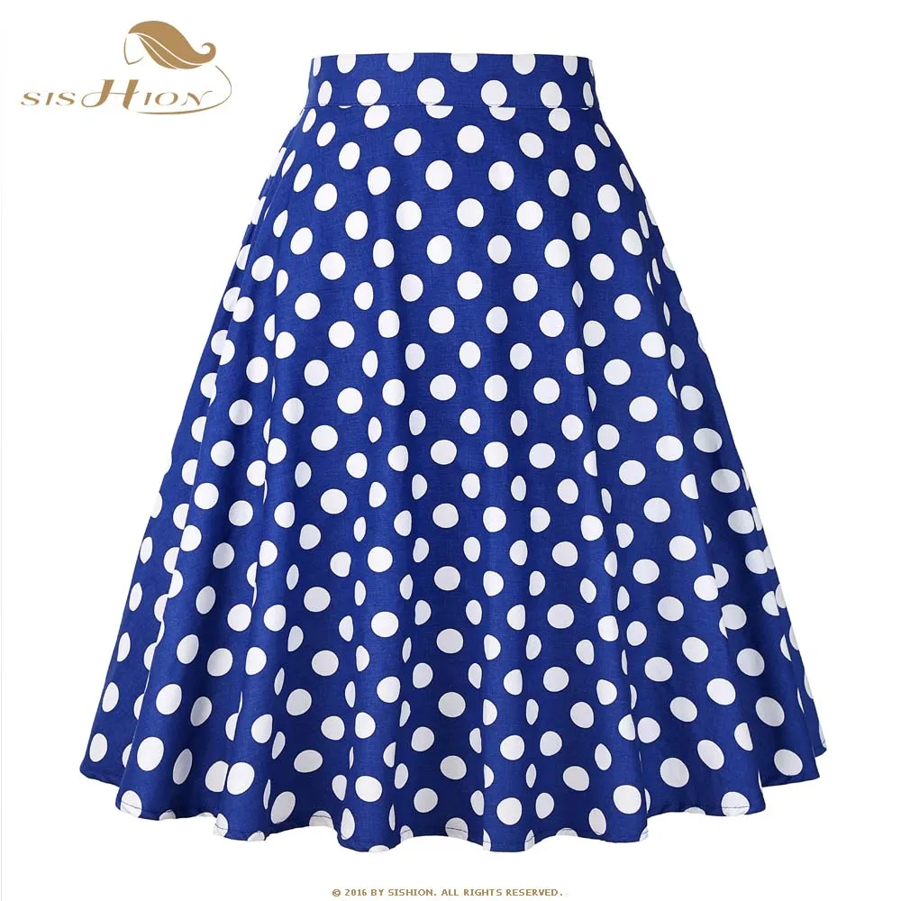 

SISHION Midi Skirt 2022 Runway Vintage Rockabilly Skirts Womens Sexy Pinup 50S 60S Cotton Polka Dot Blue Skirts Summer