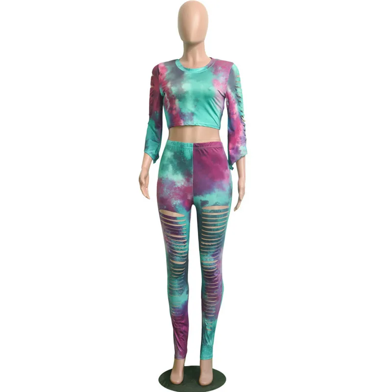 Echoine Tie Dye полый женский спортивный костюм 3/4 рукав укороченный верхний карандаш