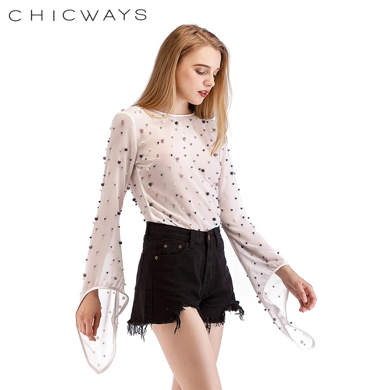 CHICWAYS бисерные жемчужные шифоновые топы сексуальные с открытой спиной белые