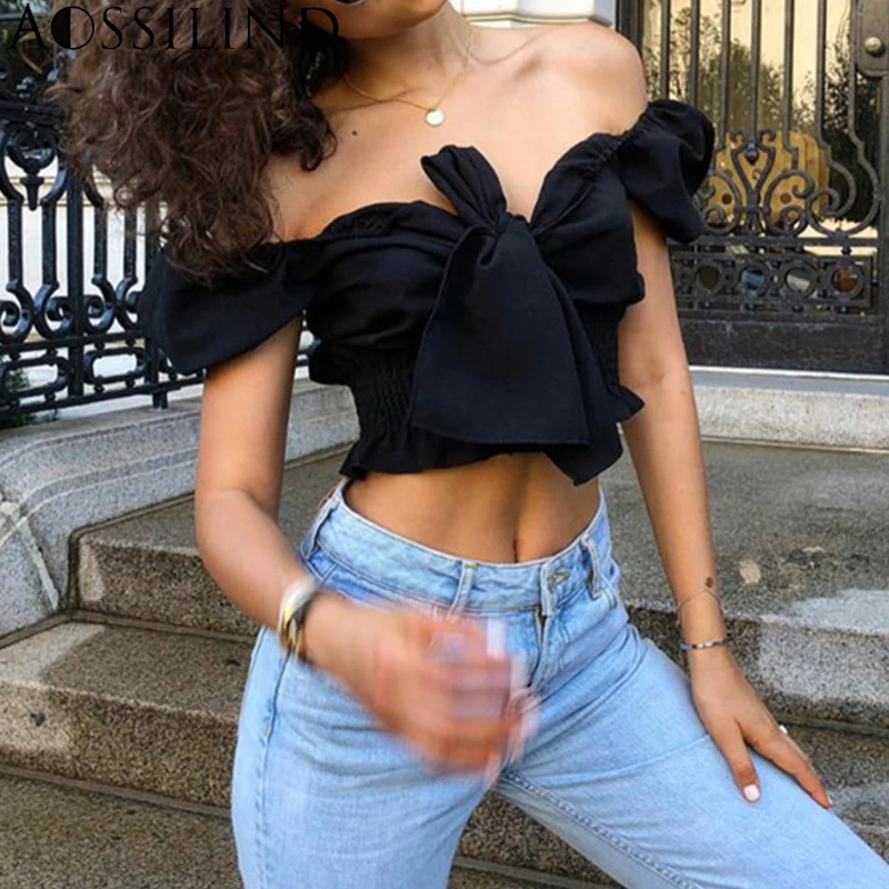 AOSSILIND черная футболка с пышными рукавами женская шейный галстук бабочка коротким