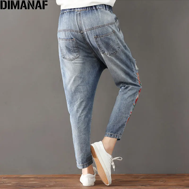 DIMANAF Women Jeans Harem Pants Plus Size Spring Ripped Denim Embroidery Floral Elastic Chinese Style Vintage New Blue Jeans 3XL