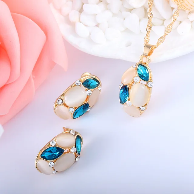 Luxurious Designer Jewelry sets Gold Color Chain with Opal and Colorful Crystal Water Drop Pendant Necklace and Stud Earrings 6