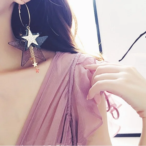 2016 New Trendy Exaggerate Multi-Deck Five-pointed Stars Big Circle Chain Tassel Earrings Pendientes Brincos For Women ED027 | Украшения и