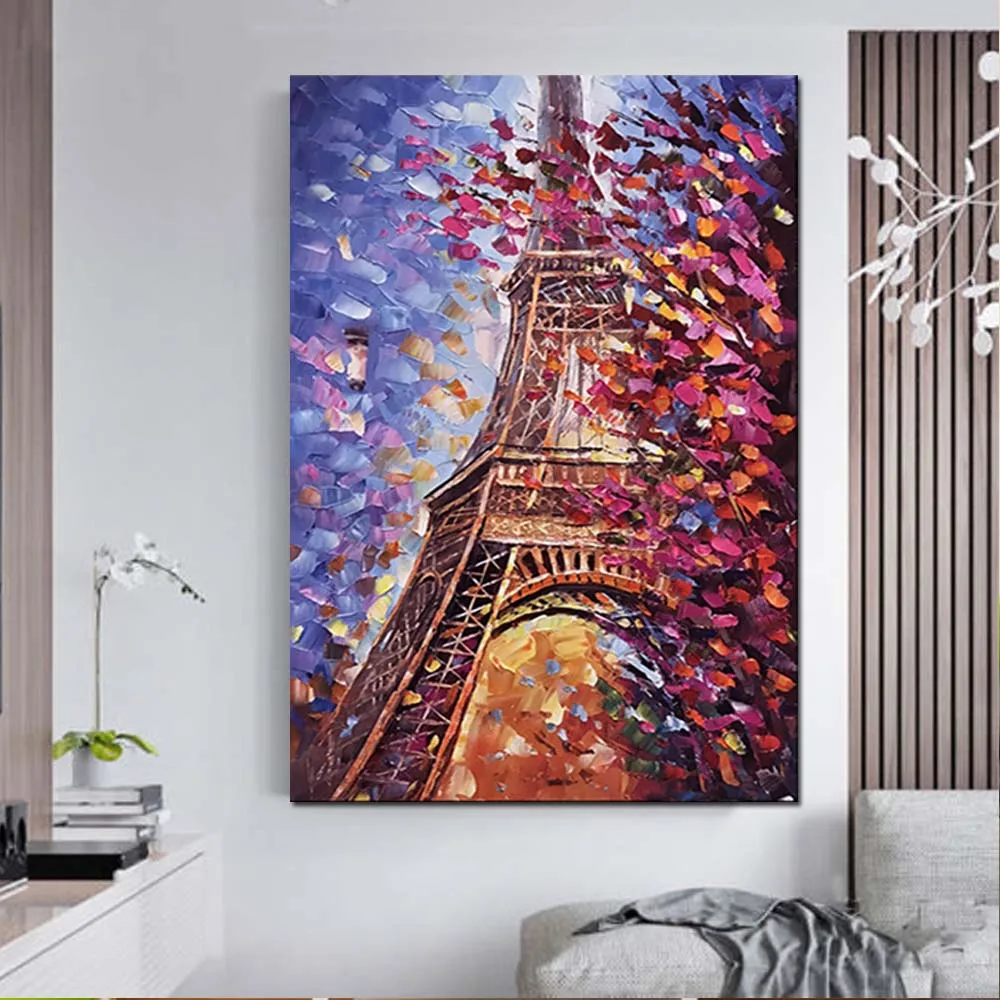 Ручная роспись Абстрактная палитра нож Эйфелева башня Пейзаж Холст Картина