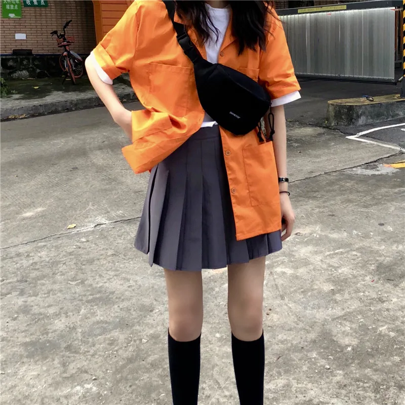 fashion brand Korean loose Safari style pockets short sleeve turn-down collar Blouses Shirts Women's Clothing summer new tops |