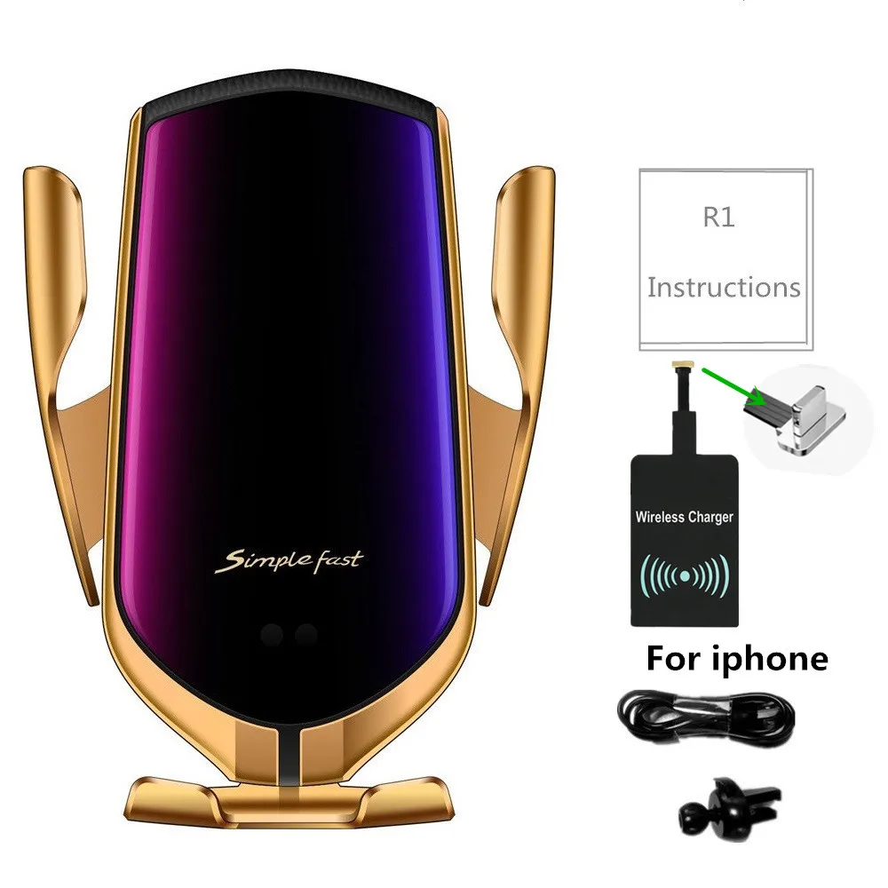 GOLD Lighting Автомобильное беспроводное зарядное устройство QI 10 Вт быстрое зарядное устройство R1 автоматический зажимной инфракрасный индукционный автомобильный держатель телефона для Iphone X 8 samsung S10 S9 - Тип штекера: GOLD Lighting