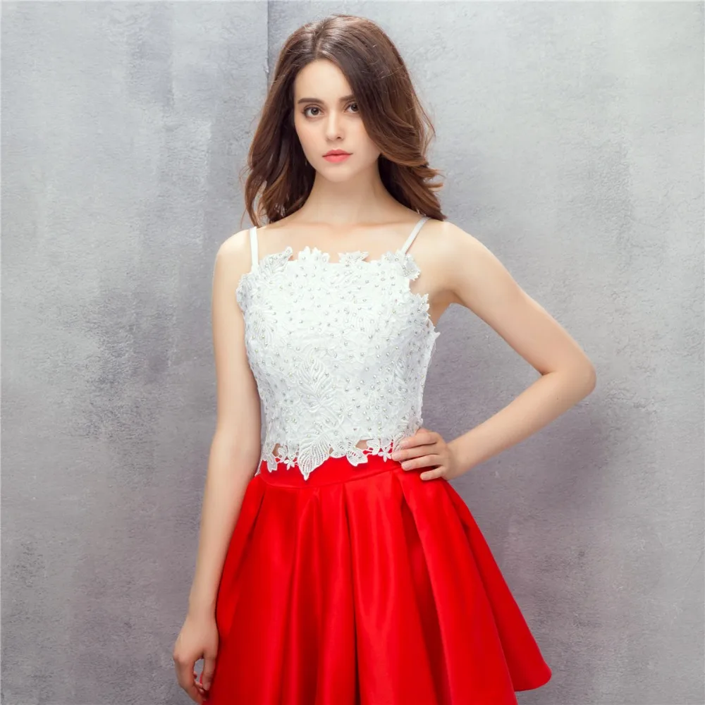 

White and Red Two Pieces Cocktail Party Dresses Short Satin Lace Appliques Girls Homecoming Dresses