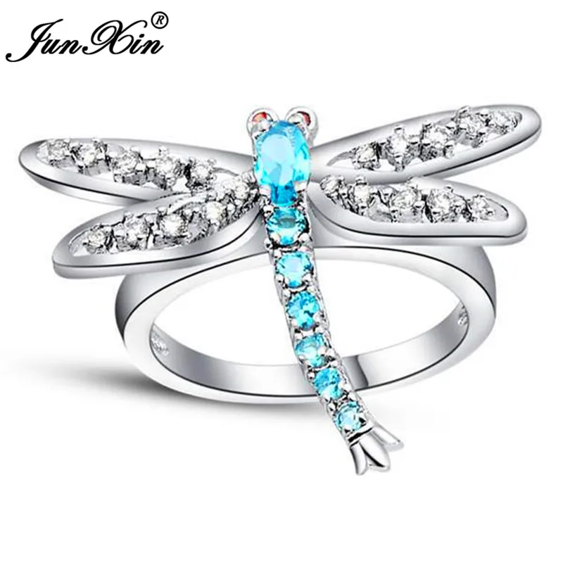 Aquamarine JUNXIN милое женское кольцо со стрекозой Мода 925 Серебро CZ свадебное кольцо на палец кольца для женщин дропшиппинг подарки - Цвет основного камня: Aquamarine