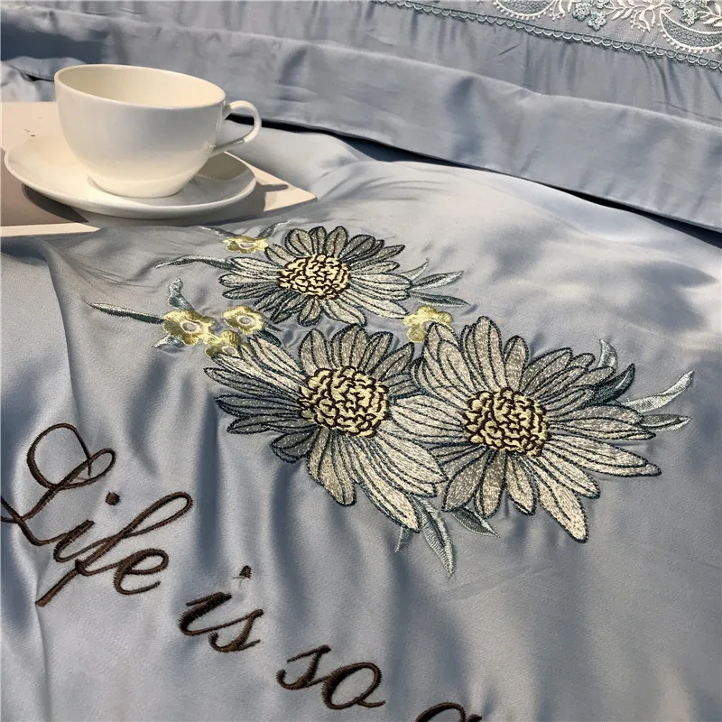 Светильник голубой роскошный пододеяльник с цветочной вышивкой в стиле 1920 х