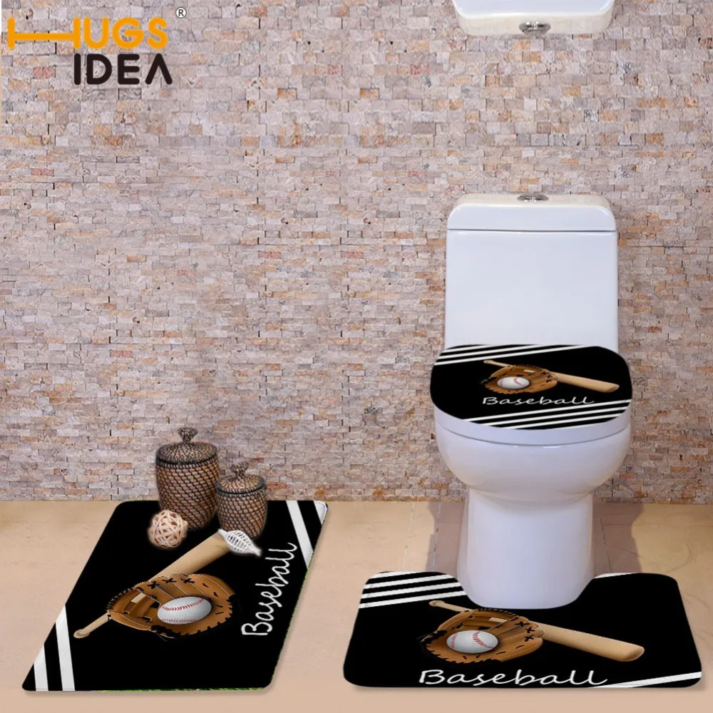 

HUGSIDEA Flannel 3Pcs/Set Baseball 3D Print Non Slip WC Toilet Seat Cover Bathroom Pad Floor Mat Rug Carpet Pedestal Rug