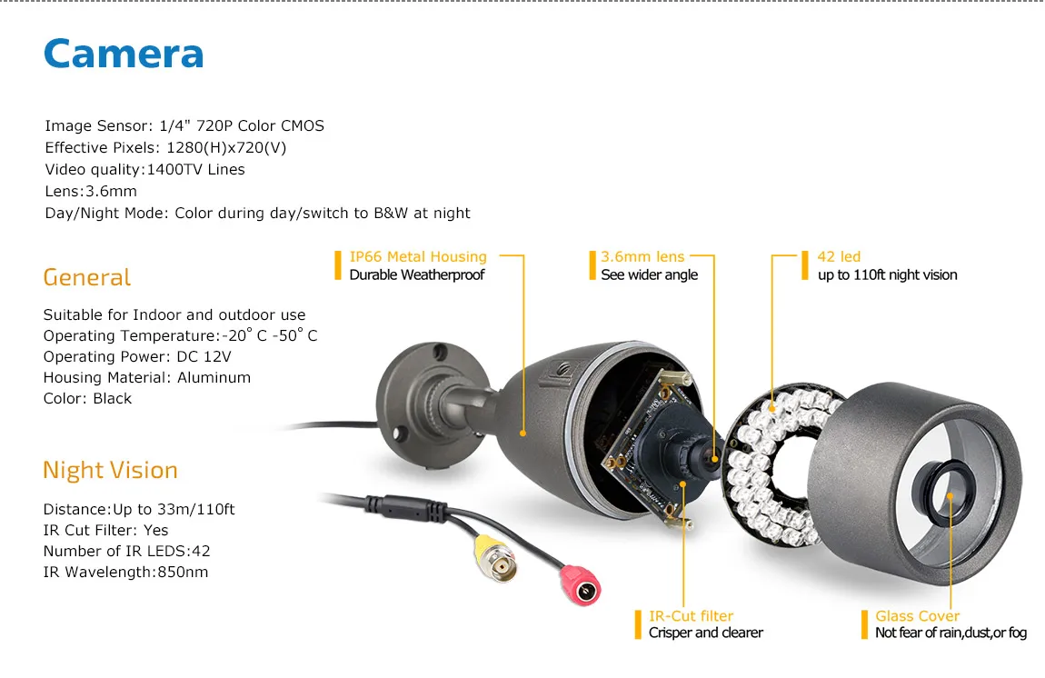 Камера видеонаблюдения Defeway HD CCTV камеры 1/4 '' Камера 1400TVL ИК-Cut ночного видения CCTV Indoor / Outdoor HD 720P безопасности