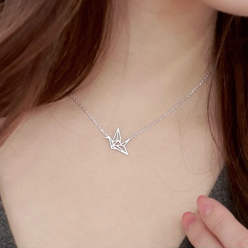 Origami Crane Pendant Necklace Gold-color Charm for Women Fashion Jewelry Wholesale Thanksgiving gifts | Украшения и аксессуары