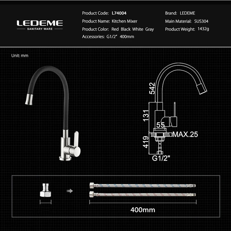 LEDEME черный Поворотный кухонный кран с одной ручкой смеситель для воды 304
