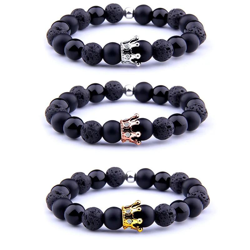 Мужской натуральный Лава Оникс Камень бисер браслет розовое золото с шармом