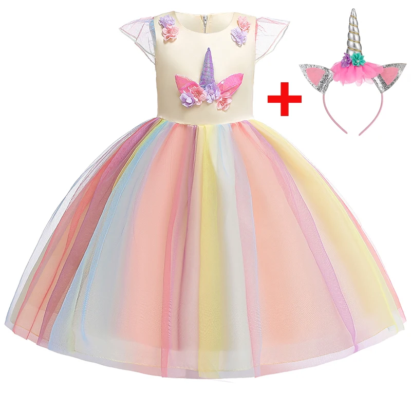 2022 Summer Dress Free Headband Colorful Unicorn Party Girl Vestidos Kids Dresses For Girls Clothes Wedding Princess |