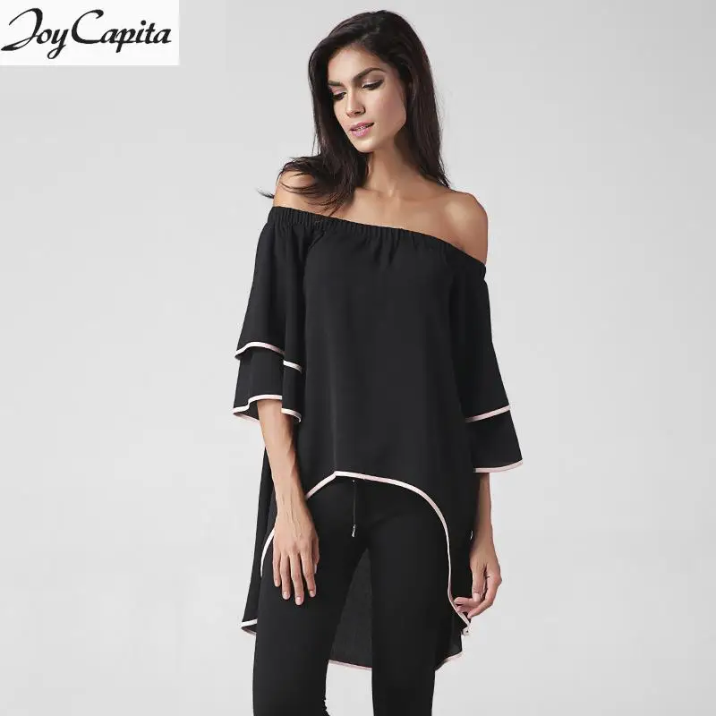Joy Capita Women Chiffon Blouses 2017 Black Off Shoulder Summer Tops Plus Size Slash Neck Blusas Mujer Camisas Manga Larga |